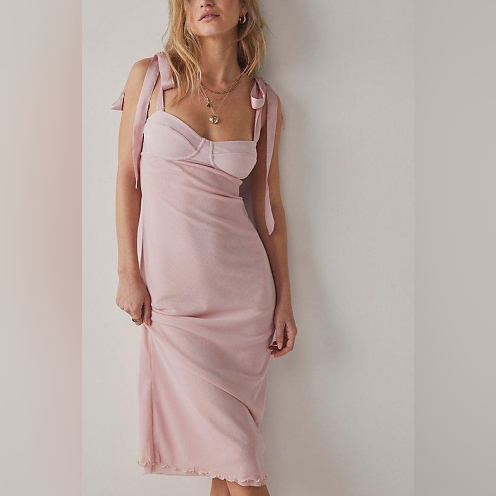 NWOT Free People Intimately, Got Glam Mesh Slip Dress, Large in Pink Salt